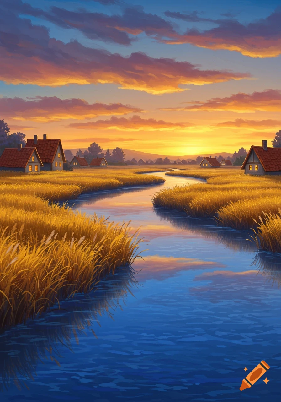 Stylized illustration of a winding blue river through golden fields with cottages under a vibrant orange and blue sunset.