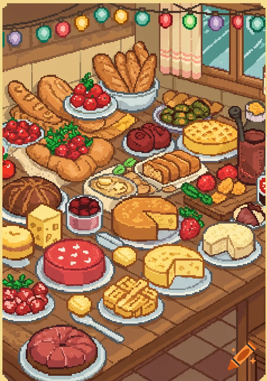 A pixel art image of a table laden with an abundance of various food items, including loaves of bread, pastries, cakes, cheeses, and berries, all under festive string lights.