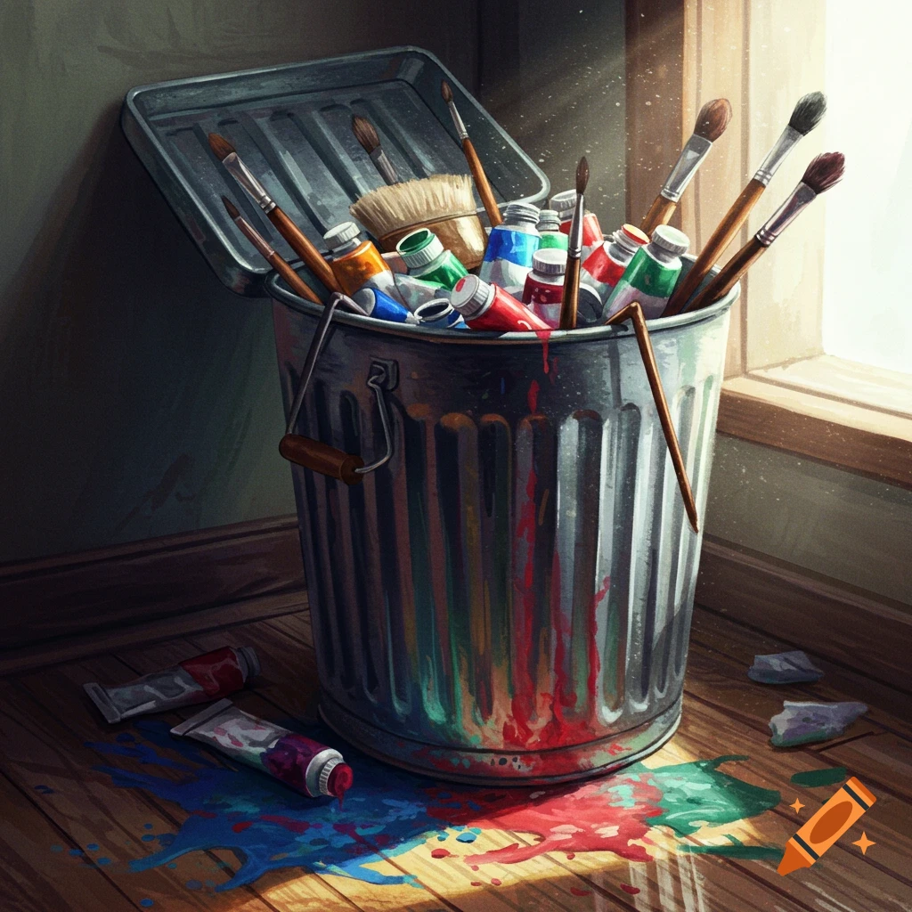 A metal rubbish bin filled with colorful paint tubes and brushes, with paint spilled on the wooden floor.