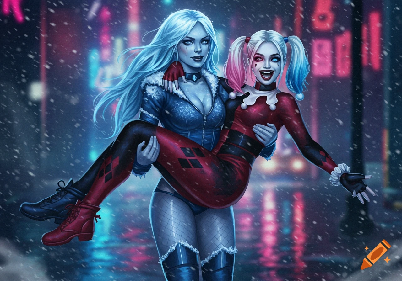 Killer Frost carries Harley Quinn through a snowy, neon-lit city street in a comic book art style.
