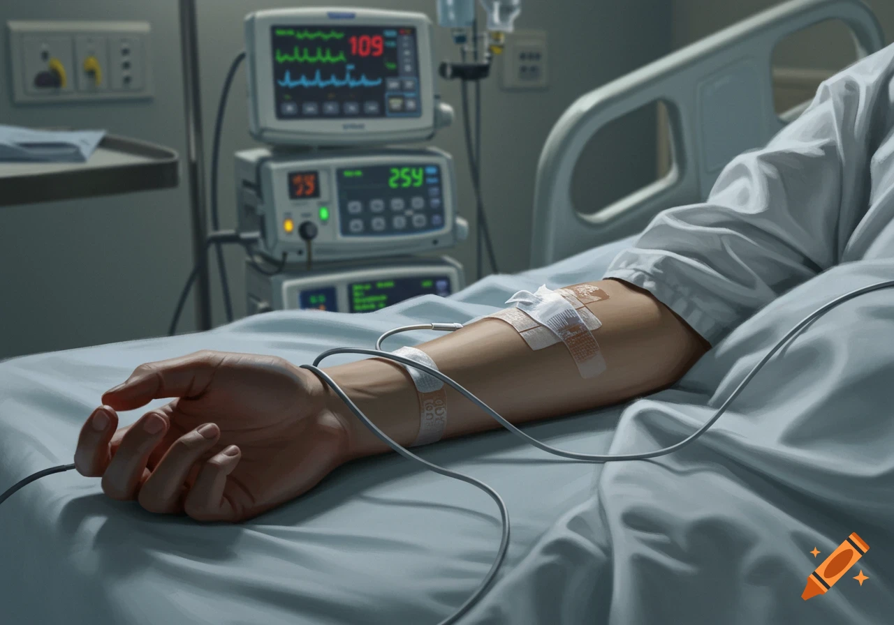 Close-up of a patient's arm with an IV drip and bandages in a hospital bed, with vital signs monitors in the background.