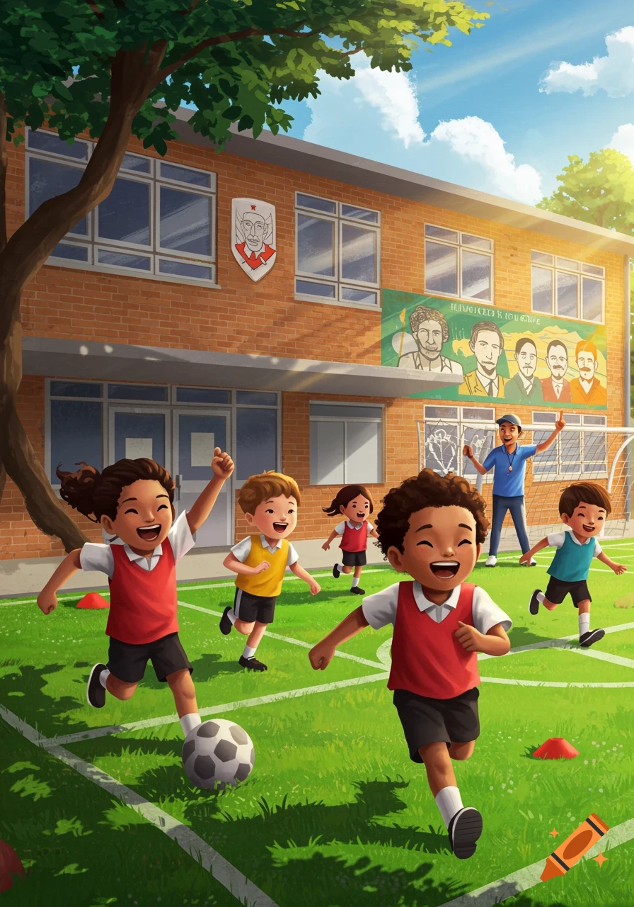 Children playing soccer on a sunny field in front of a school building.