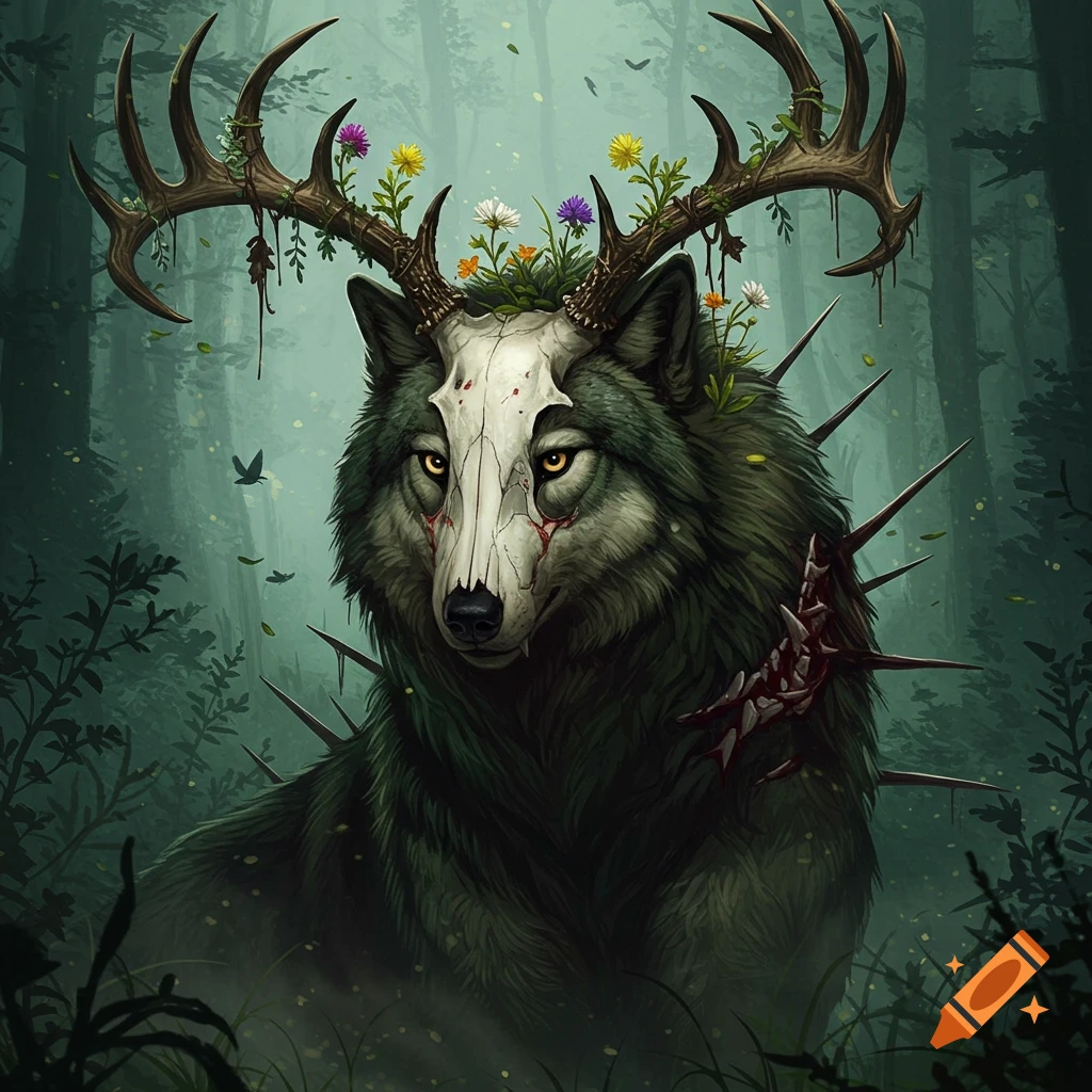 A creature with a wolf's body, a skull for a head adorned with flowered antlers, and sharp thorns on its back stands in a dark forest.