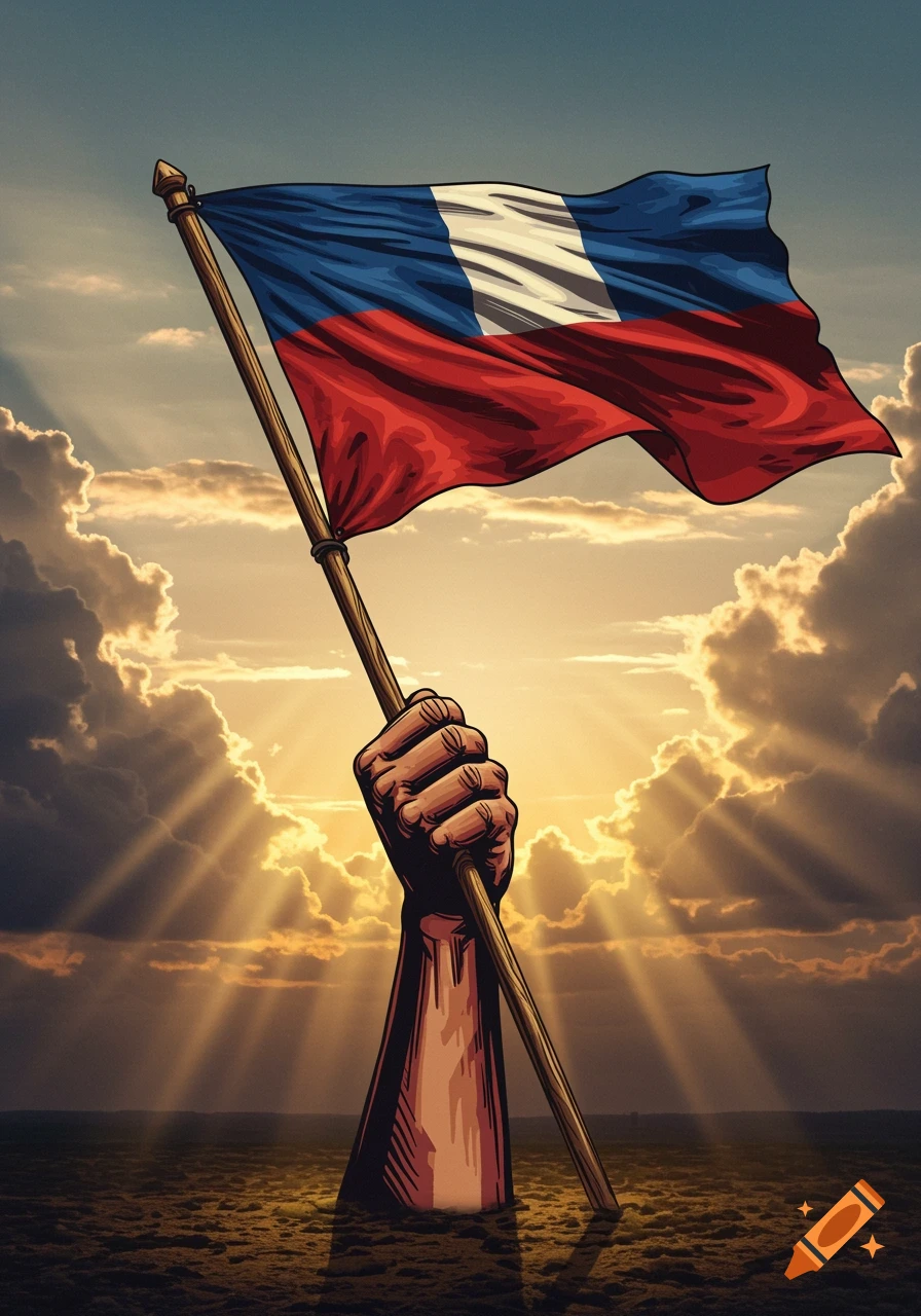 A strong hand holds a blue, white, and red striped flag against a dramatic sky with sun rays and clouds. Illustrated style.