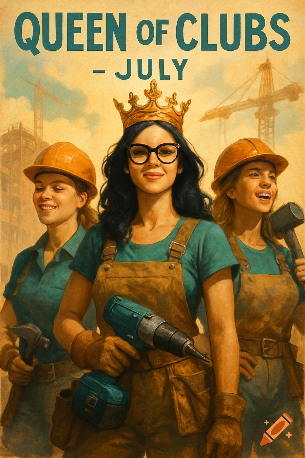 A vintage-style poster depicting three smiling women dressed as construction workers. The central figure wears a crown and glasses, holding a drill, flanked by two other women holding a hammer and mallet. Text at the top reads 'QUEEN OF CLUBS - JULY'.