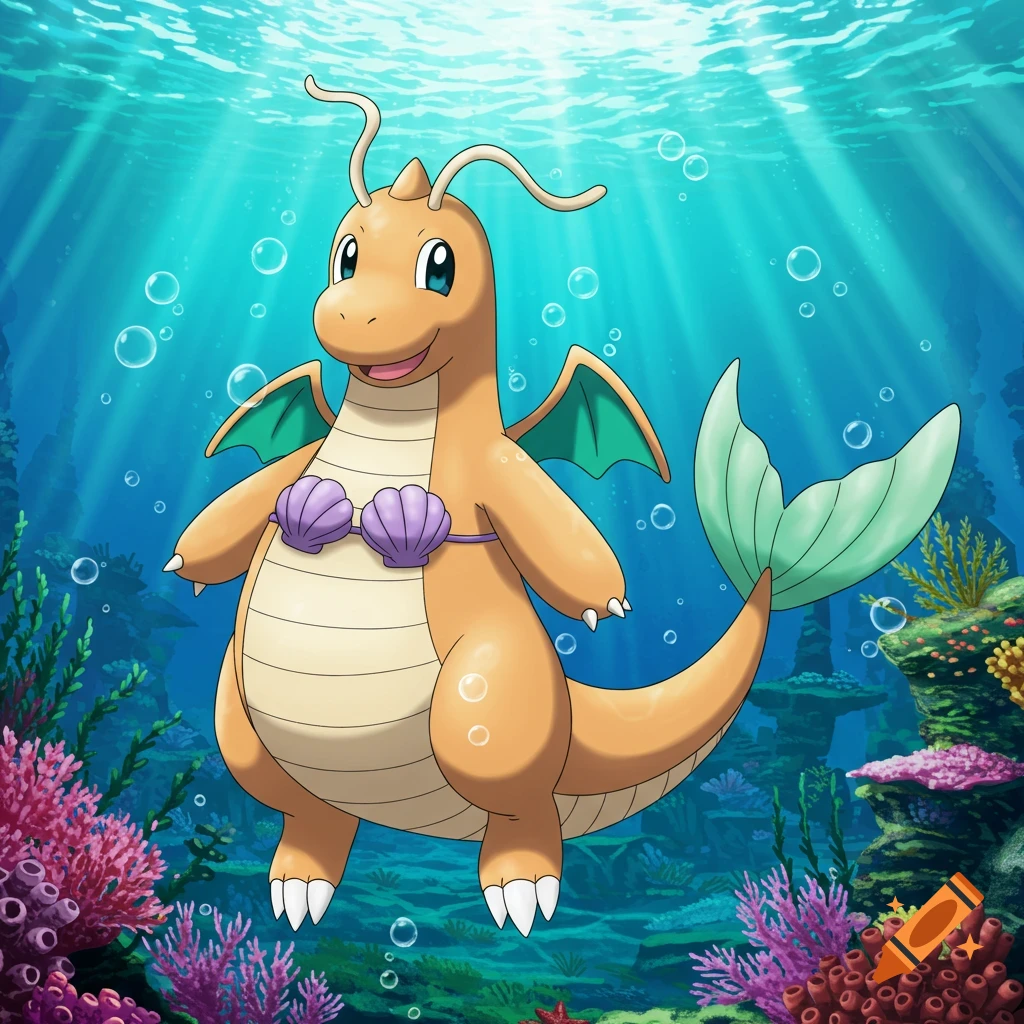 A cartoon Dragonite wearing a purple seashell bra and a green mermaid tail swims underwater amidst colorful coral, in anime style.