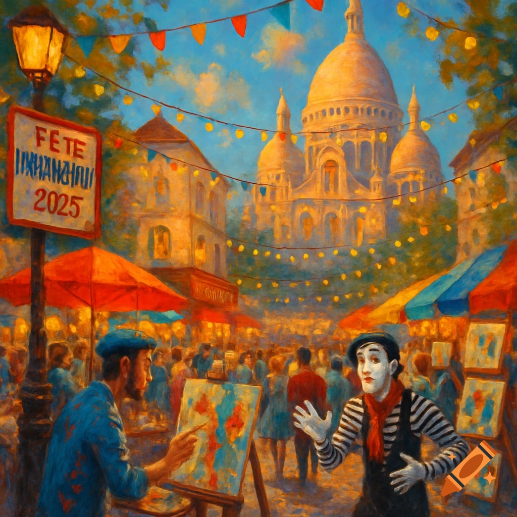 An impressionistic painting of a lively street festival in Montmartre, Paris, with Sacre-Coeur in the background. A painter works on an easel, and a mime gestures in the foreground. A sign reads "FETE 2025" with garbled text.