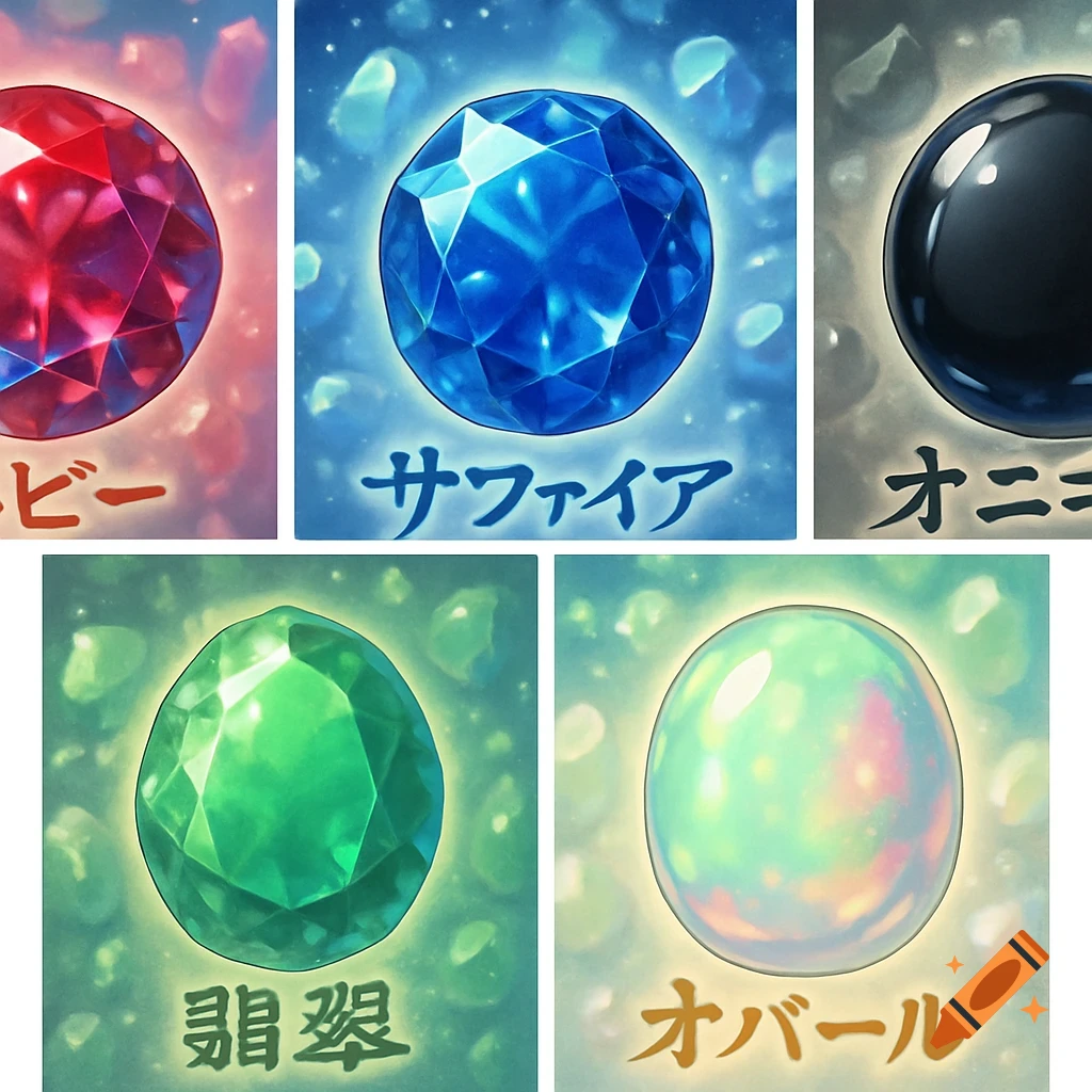 Five anime-style illustrations of various gemstones: ruby, sapphire, onyx, jade, and opal, each with its name in Japanese and a 'gem shower' background.