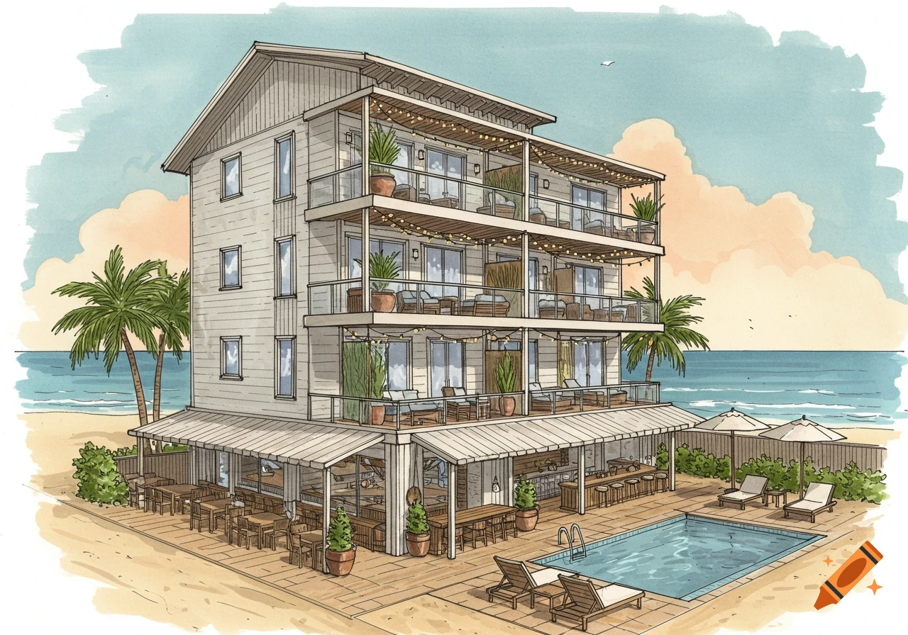 A detailed illustration of a multi-story beach inn with a restaurant, balconies, a pool, and palm trees on a sandy beach next to the ocean.