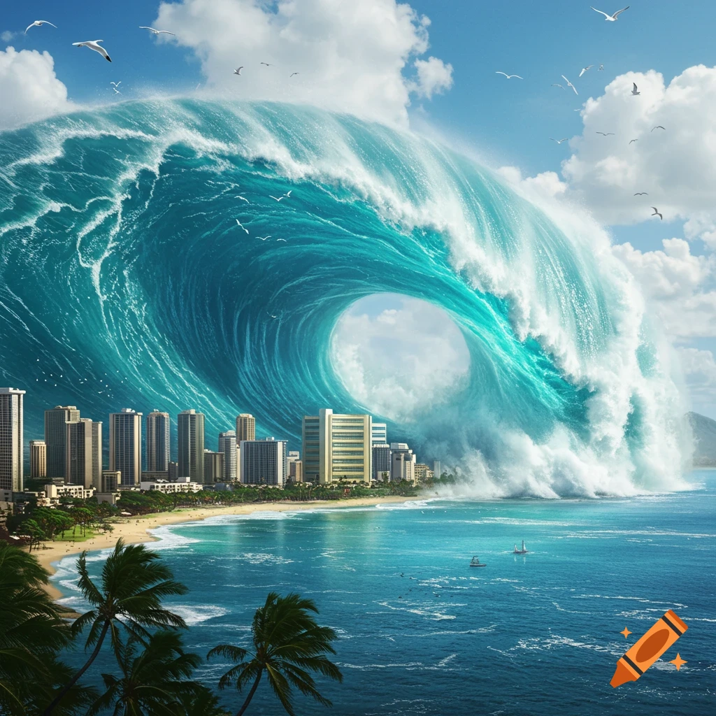 A giant, curling tsunami wave looms over a tropical city skyline and sandy beach with palm trees and a calm ocean foreground.