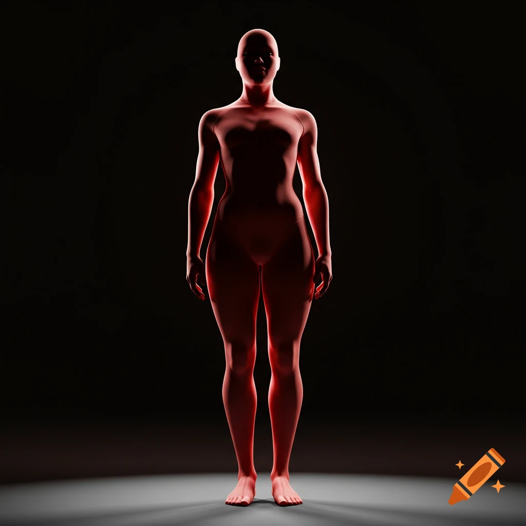 A stylized, glowing red human figure stands upright in a dark studio with dramatic backlighting.