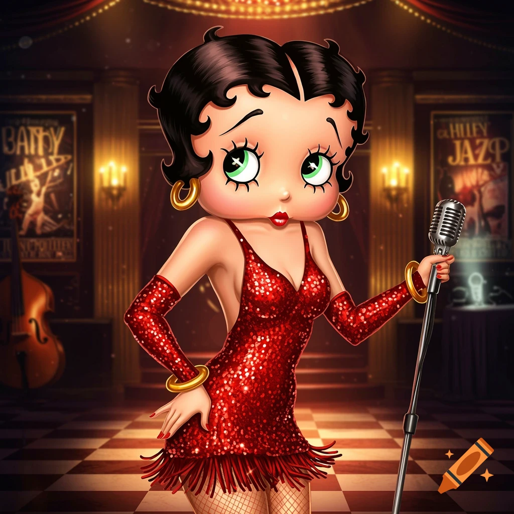 Betty Boop singing into a vintage microphone in a jazz club, wearing a sparkly red dress.