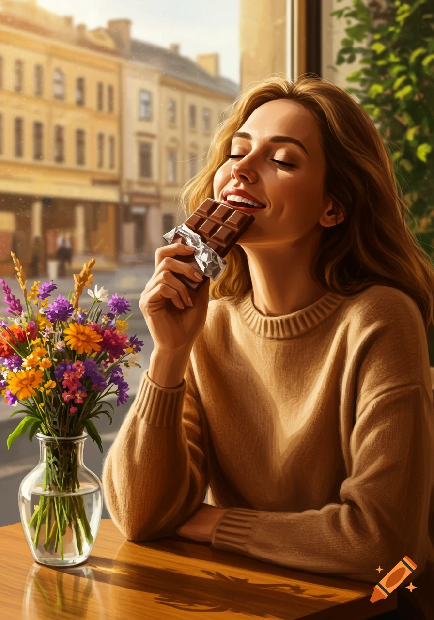 A woman in a beige sweater bites a chocolate bar at a cafe table with flowers and a city street outside.