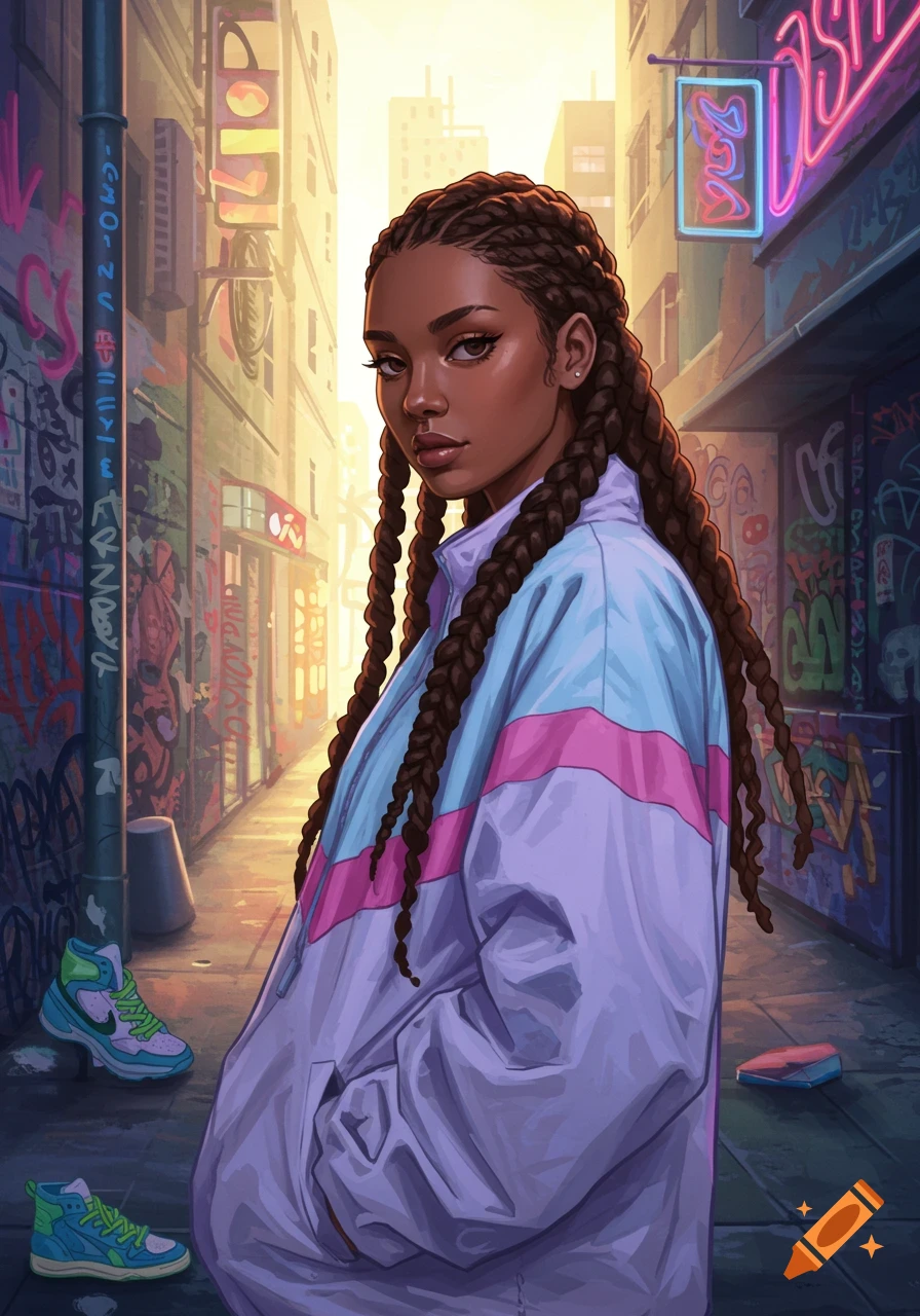 A young woman with braided hair wearing a colorful windbreaker stands in a graffiti-filled city alley at sunset, in an anime-style illustration.