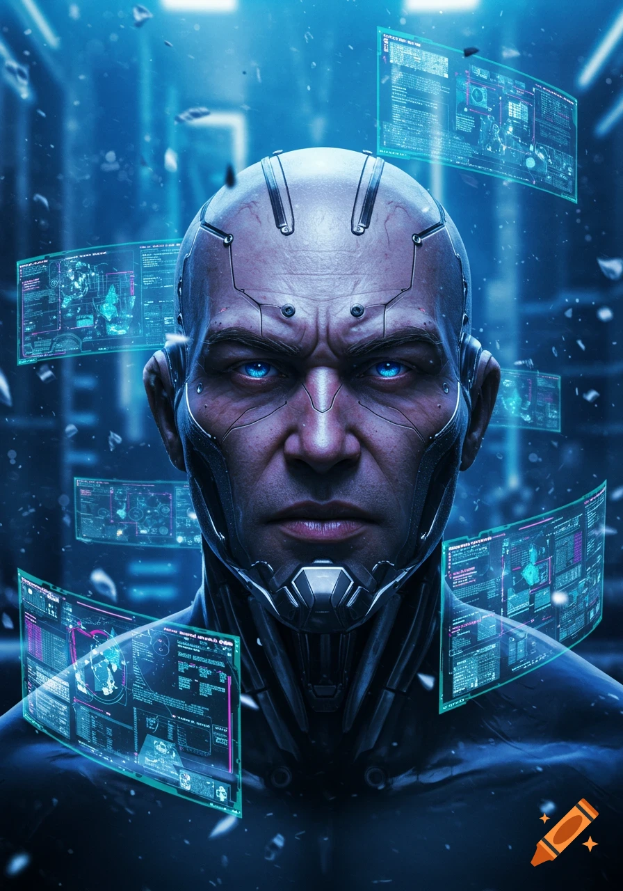 Close-up of a bald, cyborg-like man with glowing blue eyes, surrounded by holographic data screens in a dark, futuristic setting.