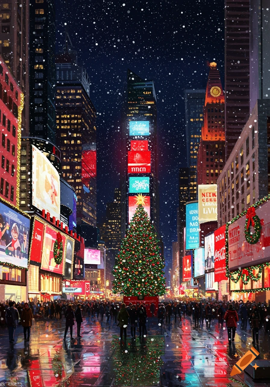A vibrant, snowy night in Times Square, New York, with a large, lit Christmas tree amidst glowing billboards and crowds.