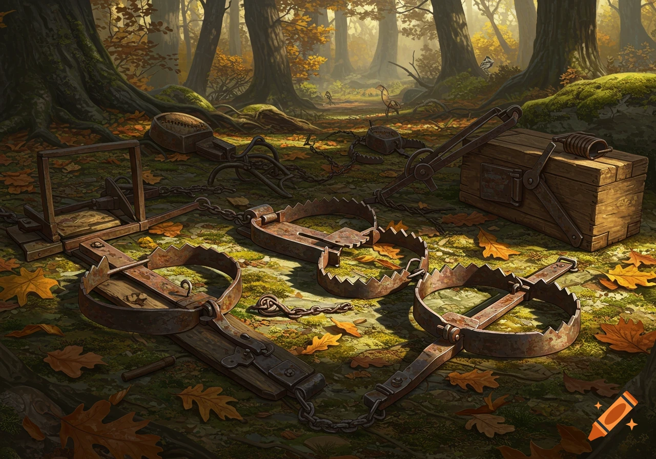 Several old, rusty hunting traps lie on a mossy forest floor with autumn leaves, bathed in sunlight.