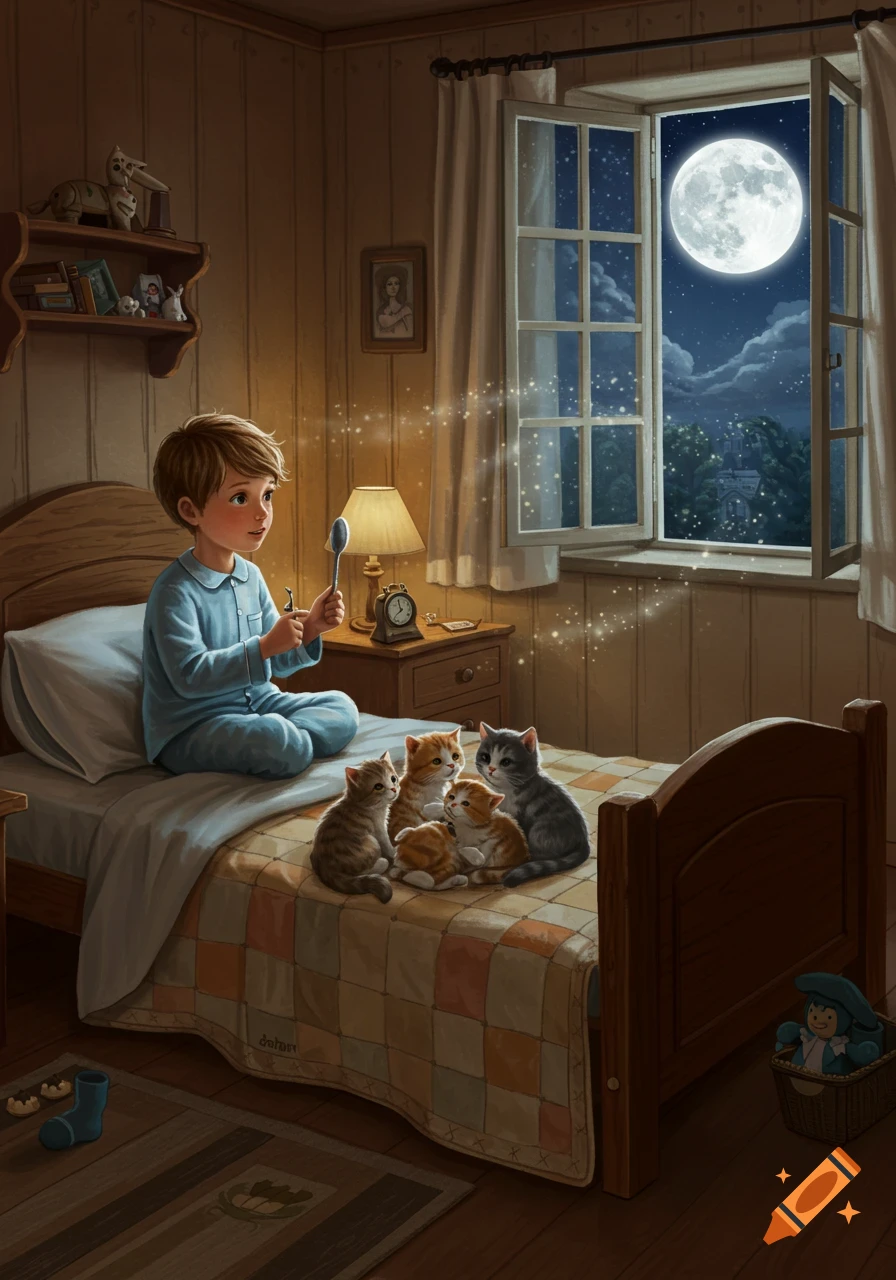 Illustrated boy in blue pajamas holds a magical spoon with sparkles on a bed with four cats, gazing at a full moon outside his window.