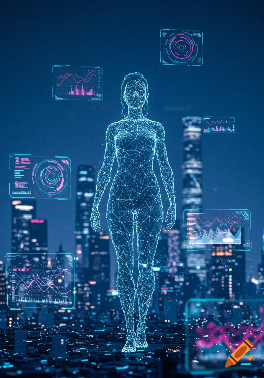 A glowing blue wireframe human figure stands in a futuristic city with various data displays floating around.