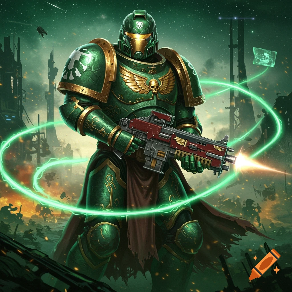 Green and gold space marine holding a firing rifle in a futuristic, war-torn city with glowing green energy.