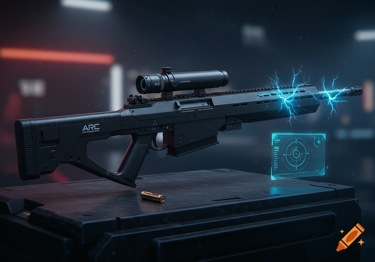 A detailed, dark gray futuristic sniper rifle with a scope and glowing blue lightning on its barrel, resting on a dark, textured surface next to a bullet and a floating holographic blue screen.