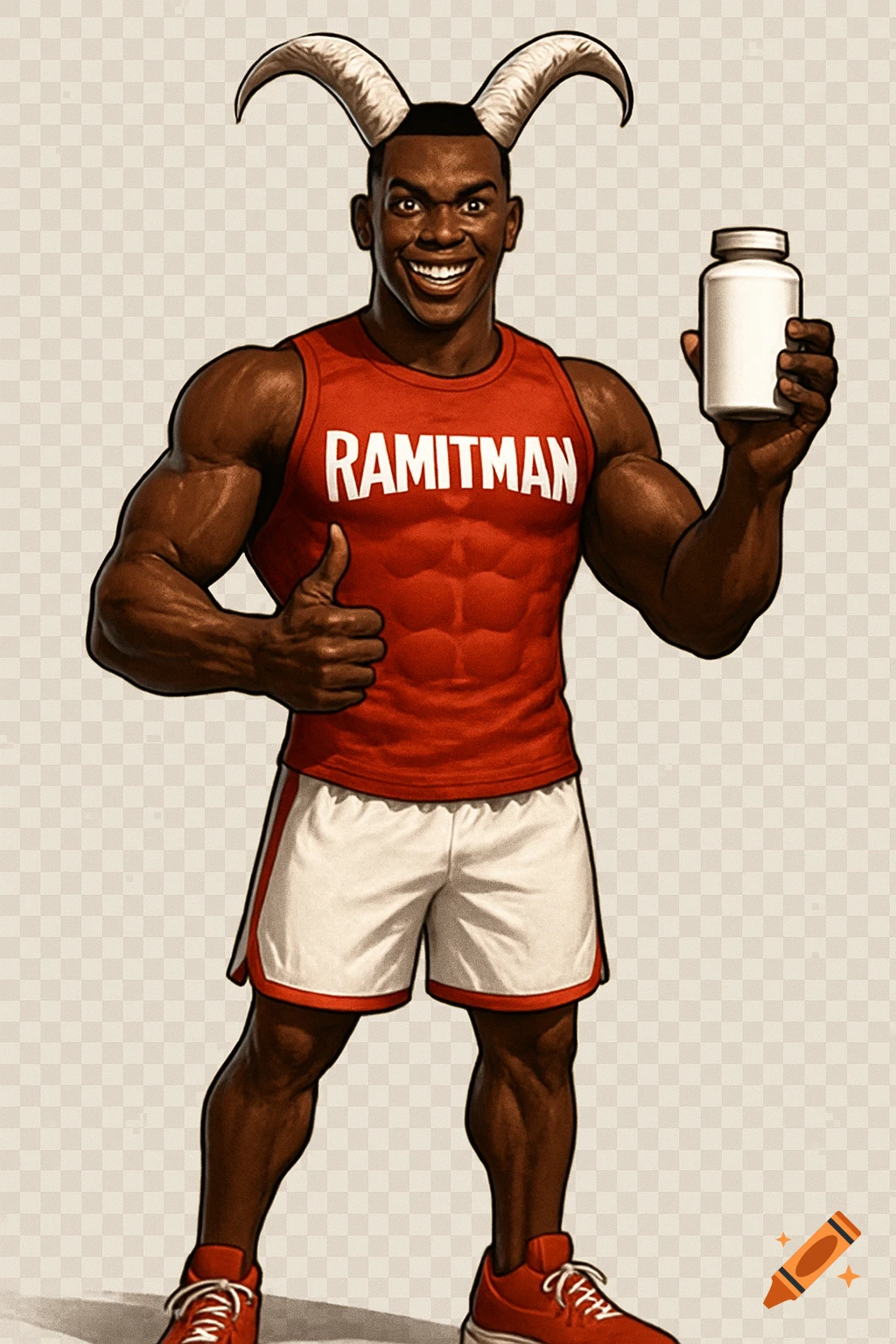 Muscular African-American man with goat horns, wearing a red 'RAMITMAN' tank top, giving a thumbs up and holding a white supplement bottle. Illustration.