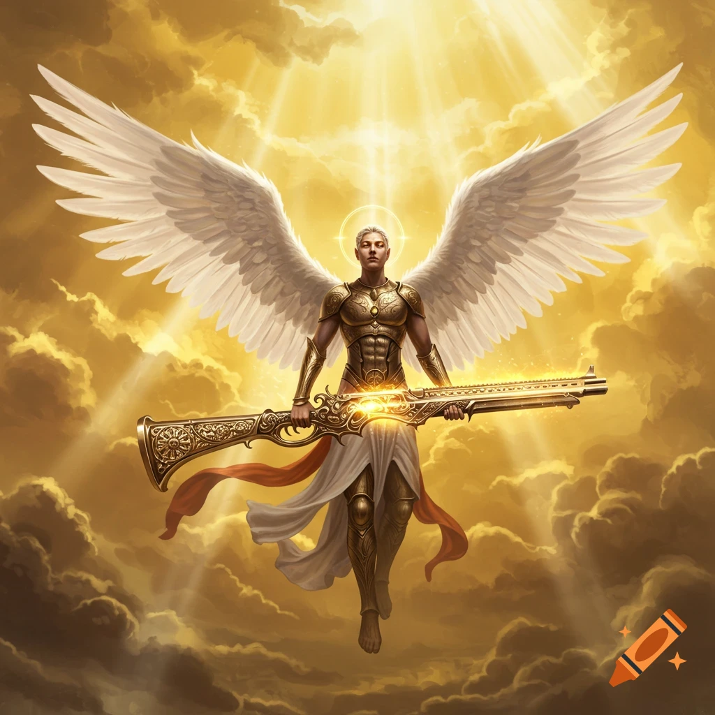 A majestic angel in golden armor with white wings and a halo, holding a glowing, ornate golden rifle amidst golden clouds.
