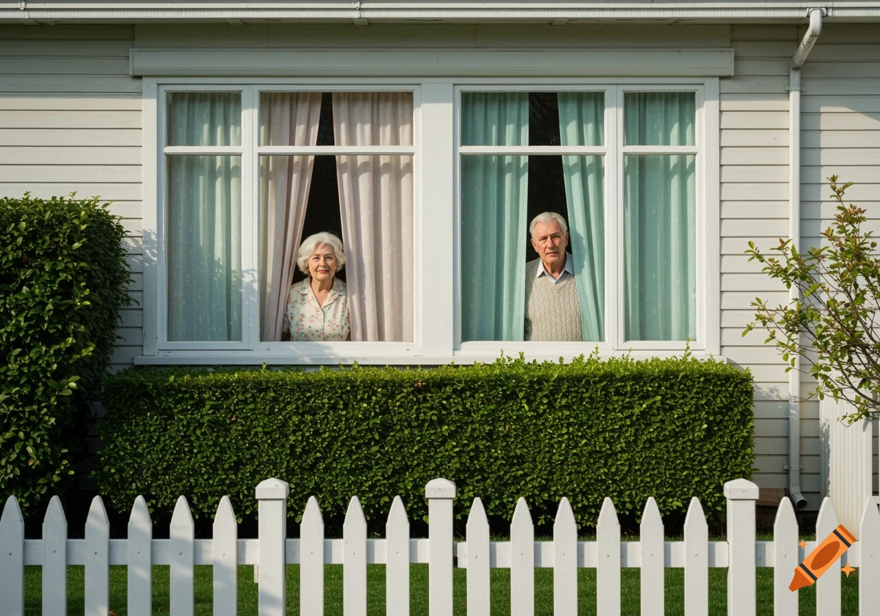 An elderly woman and man look out of separate windows of a white house with a green hedge and white picket fence.