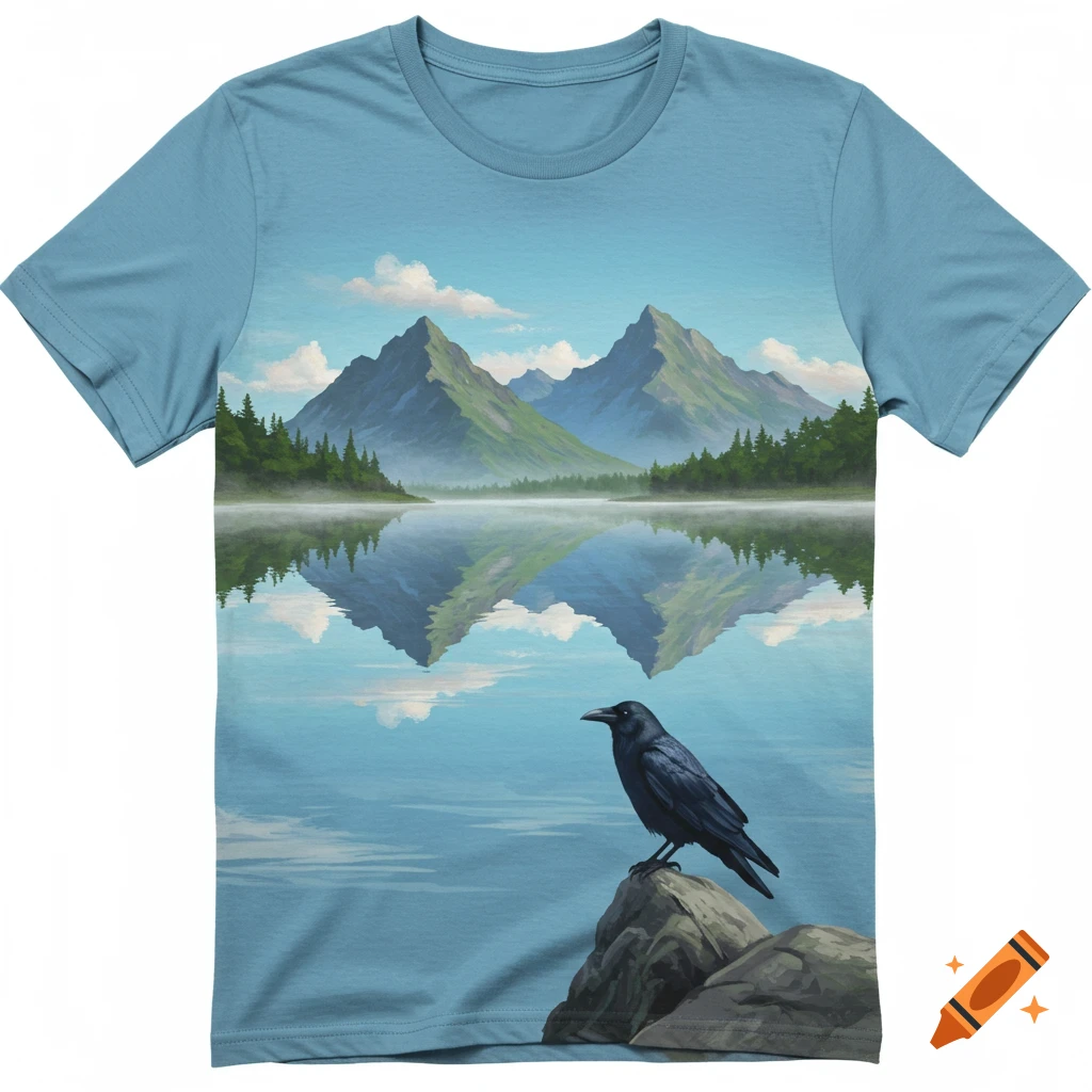 A light blue t-shirt featuring an illustration of a serene lake reflecting green mountains and sky, with a black raven perched on a rock in the foreground.
