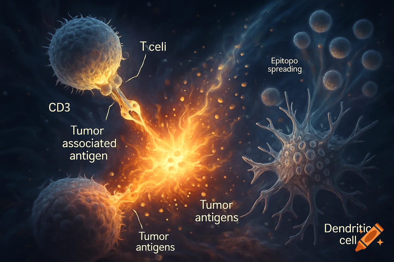 A scientific illustration of cellular immunity, showing a T cell interacting with a tumor cell, and a dendritic cell with released antigens.
