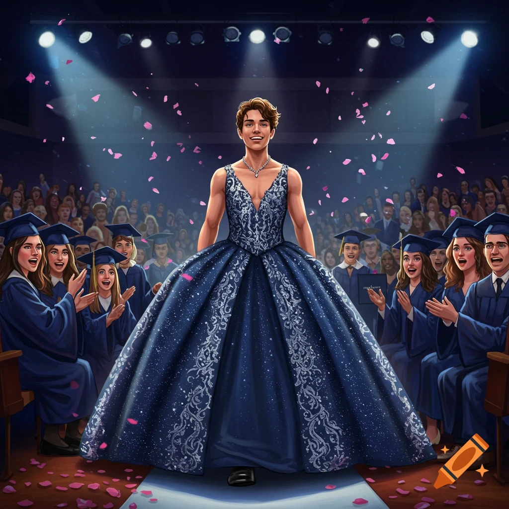 A teenage male stands on a stage in a glittering blue ball gown at his high school graduation, as a crowd of cheering graduates watch.
