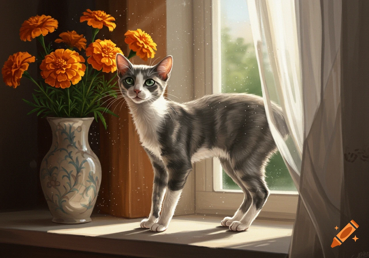 A grey and white cat stands on a sunlit windowsill next to a vase of orange flowers, looking into the room.