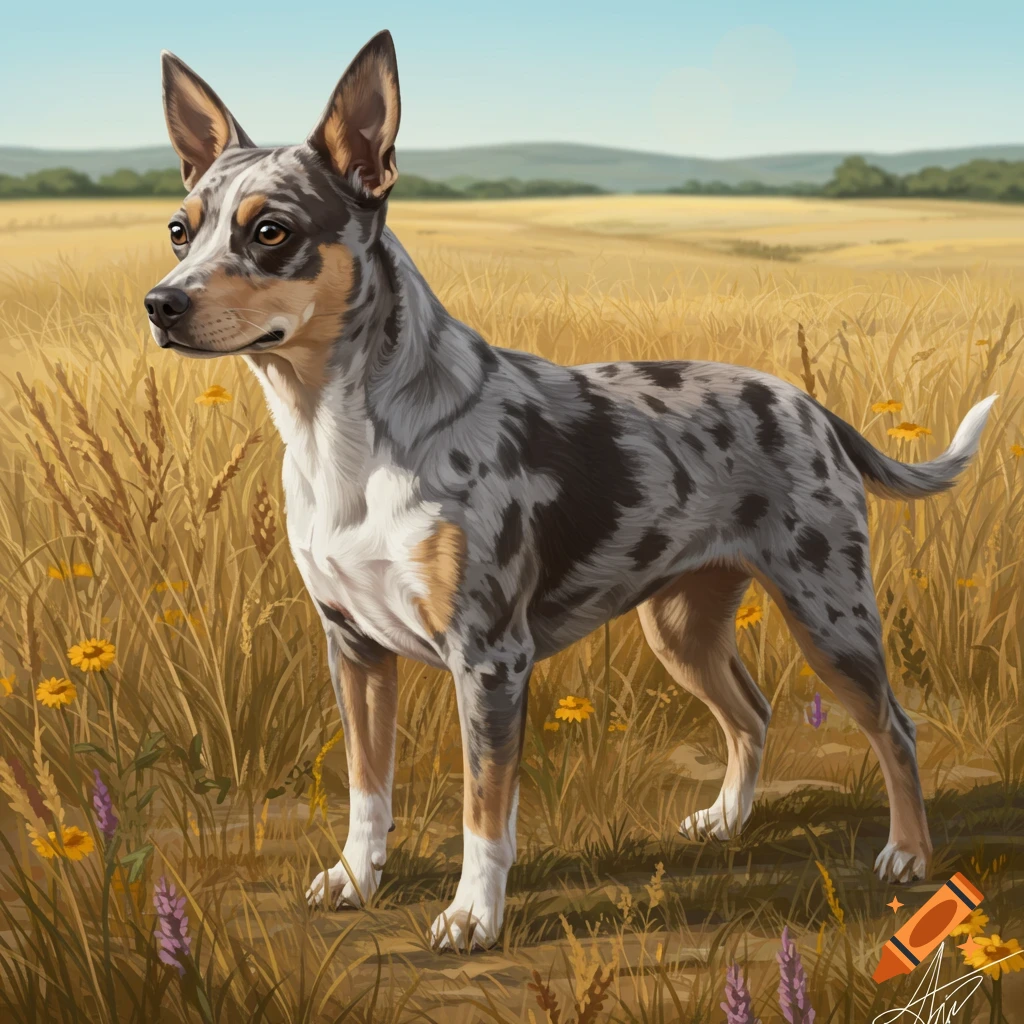 A speckled gray and brown dog with large ears stands in a golden field with wildflowers under a blue sky.
