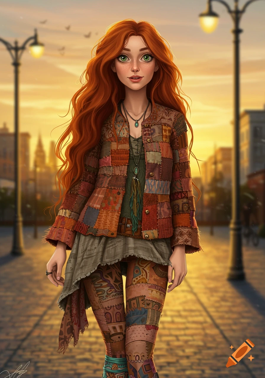 A red-haired woman with green eyes, wearing a patchwork jacket and patterned leggings, walks on a cobblestone street at sunset with lampposts.