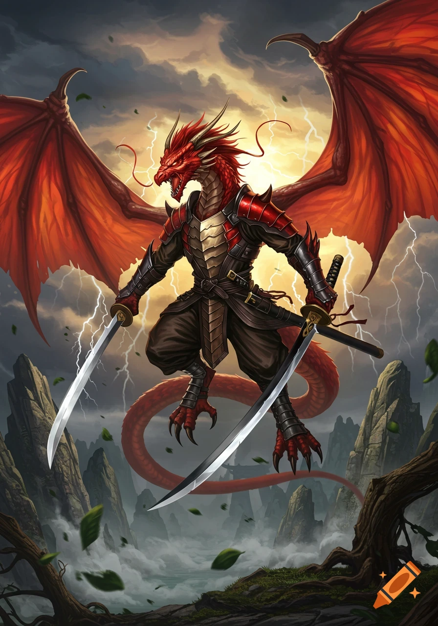 A powerful red dragon warrior with large wings and samurai armor, holding two katanas, hovers in a stormy, lightning-filled sky above rocky mountains.