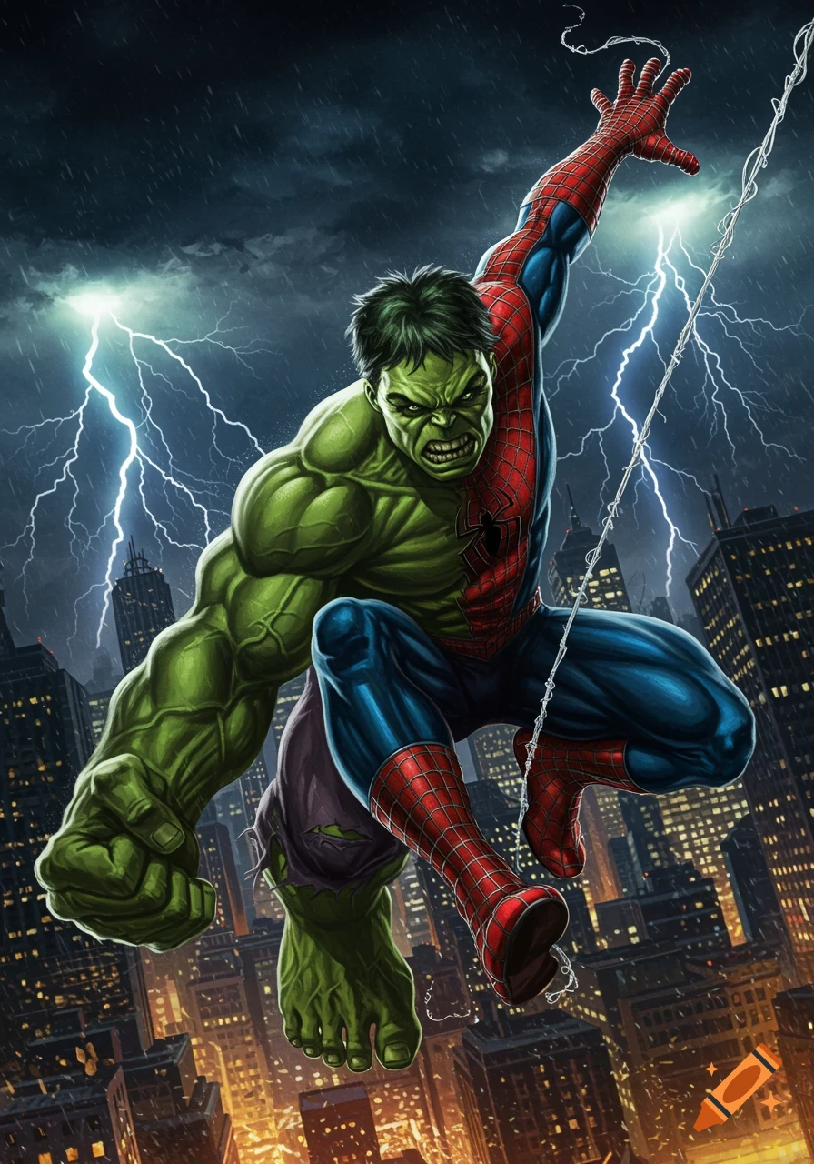 Muscular green Spider-Man/Hulk hybrid swings through a rainy city night with lightning.
