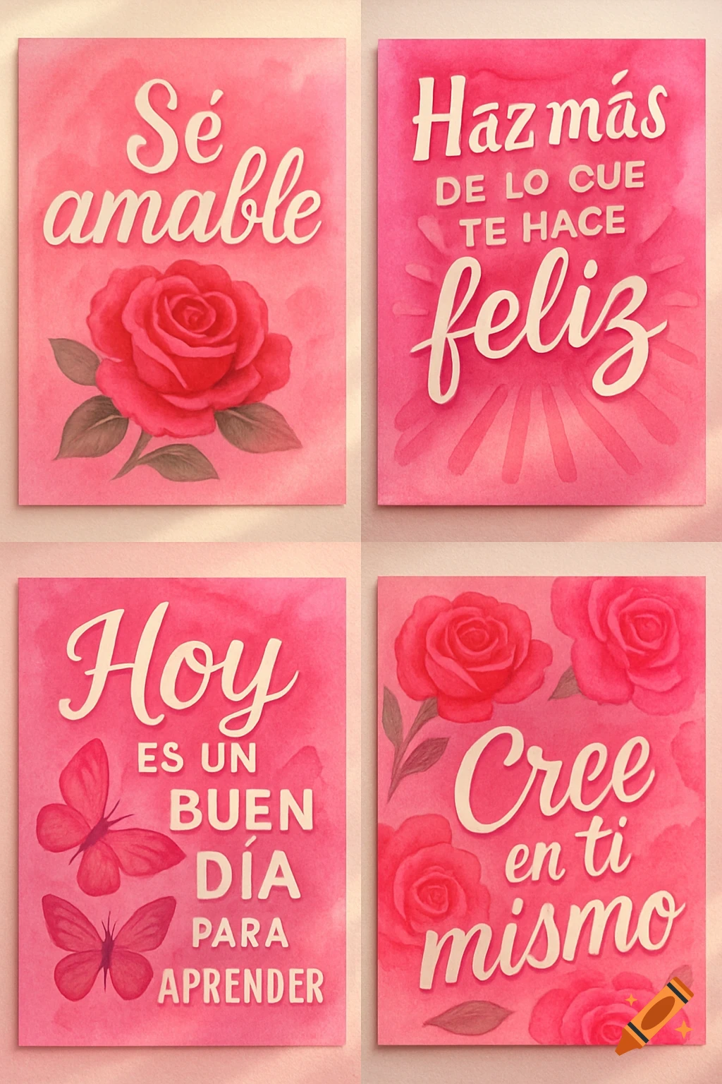 Four pink watercolor posters with inspirational Spanish phrases, roses, and butterflies.
