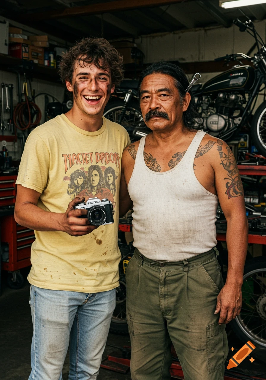 A young man holding a camera laughs next to an older man with a wrench in his hair, inside a cluttered garage.