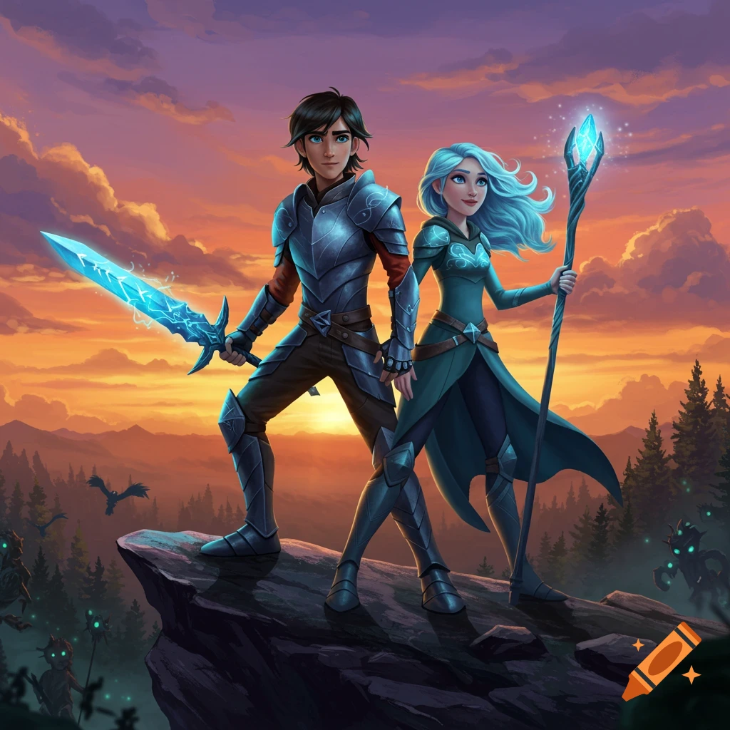 Two animated fantasy heroes, one in armor with a glowing sword and one with a glowing staff, on a cliff at sunset.