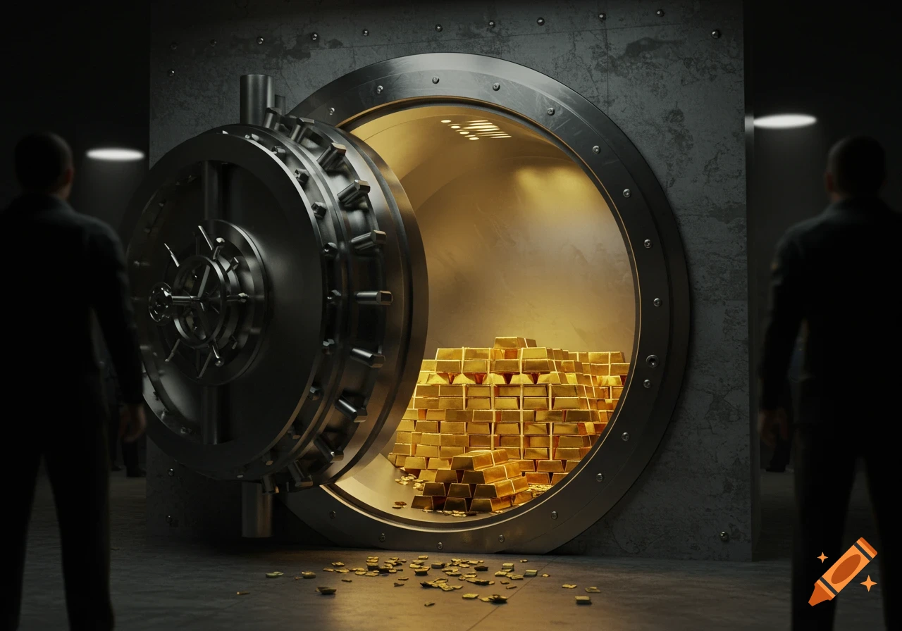 A large, opened bank vault door reveals stacks of shiny gold bars inside, with two silhouetted figures observing from outside. Some gold pieces are scattered on the floor.