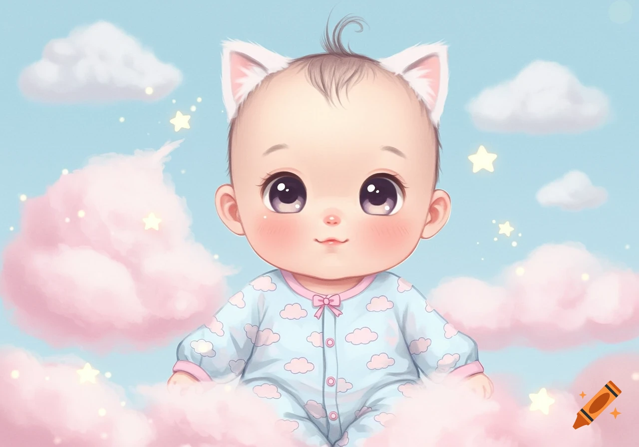 Cartoon baby with cat ears, big eyes, wearing a cloud-patterned onesie, floating among pink clouds and stars in a blue sky.
