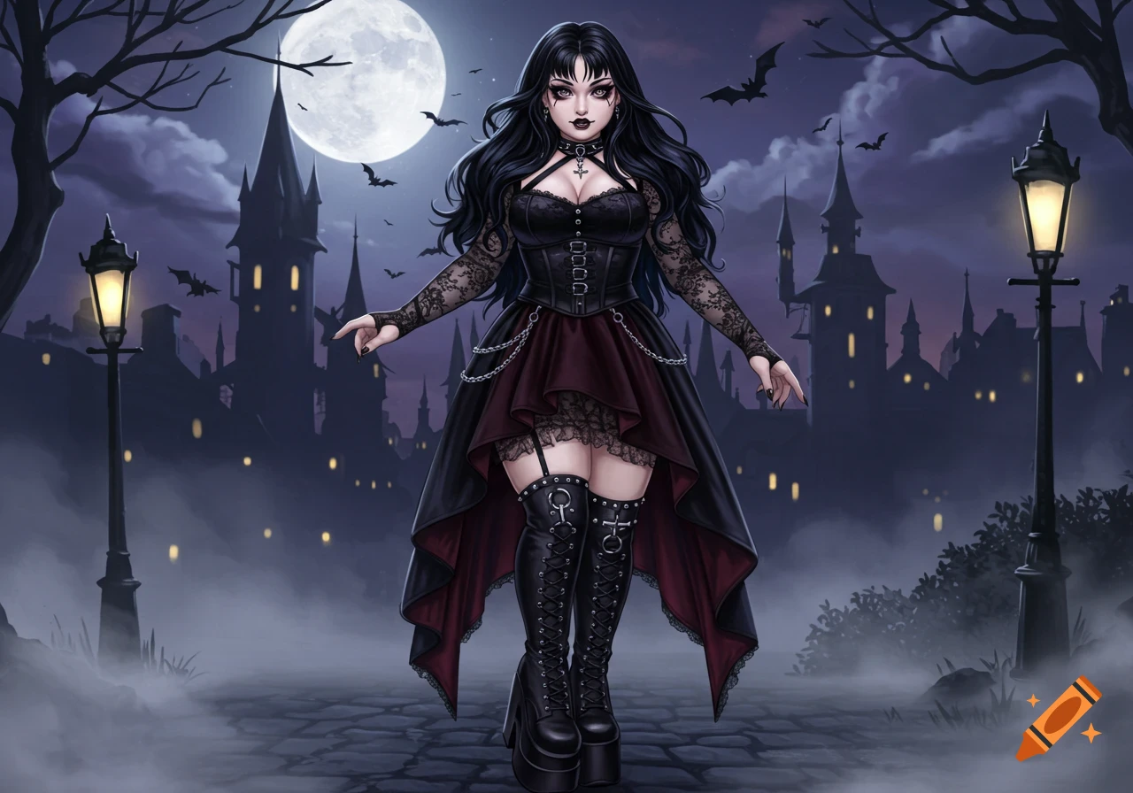 Anime goth girl with black hair and a black and red dress, standing on a cobblestone street with a castle and full moon in the background.