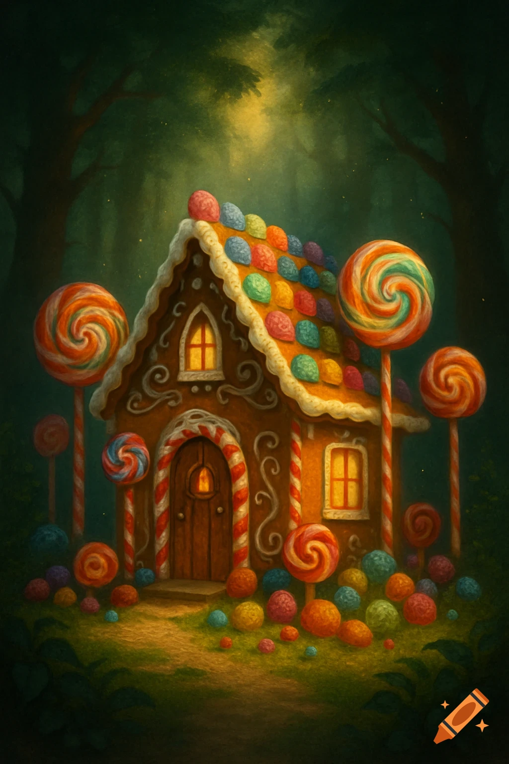 A whimsical gingerbread house with a gumdrop roof and lollipop decorations in a dark, magical forest, illuminated by a shaft of light.