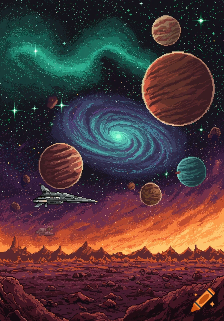 Pixel art of a spaceship over an alien planet, with colorful planets, a spiral galaxy, and a green nebula in space.