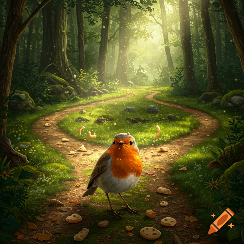 A robin stands on a winding dirt path in a sunlit, vibrant green forest, looking ahead at a path split.