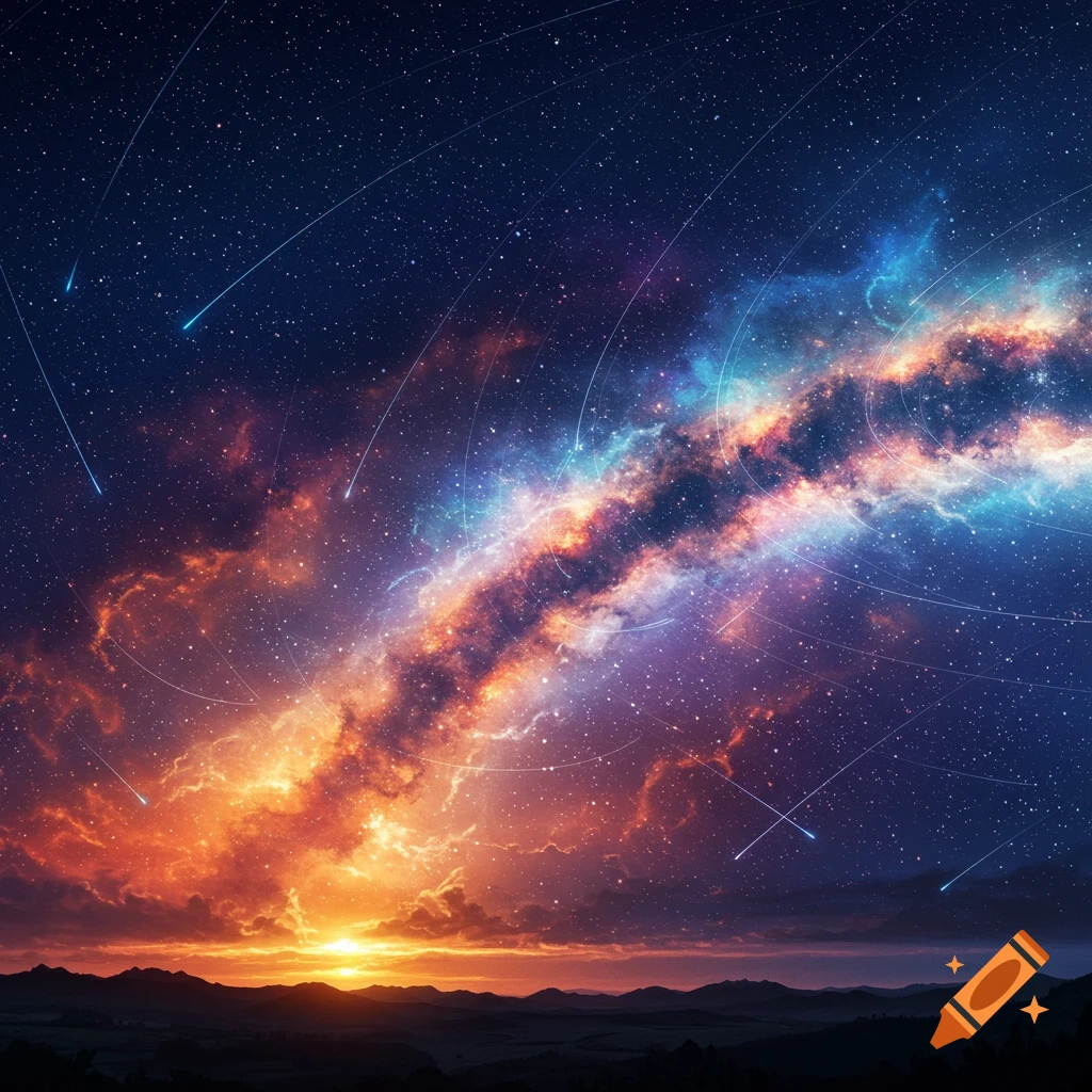 Vibrant night sky with a colorful nebula and shooting stars over a mountain landscape at sunset.