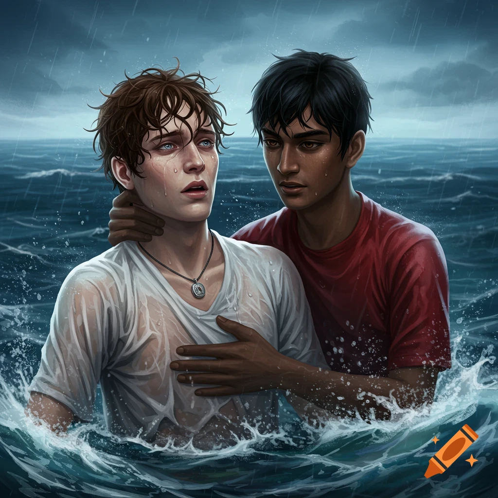 An illustration of two young men in rough, rainy sea water, one looking distressed with tears, the other comforting him.