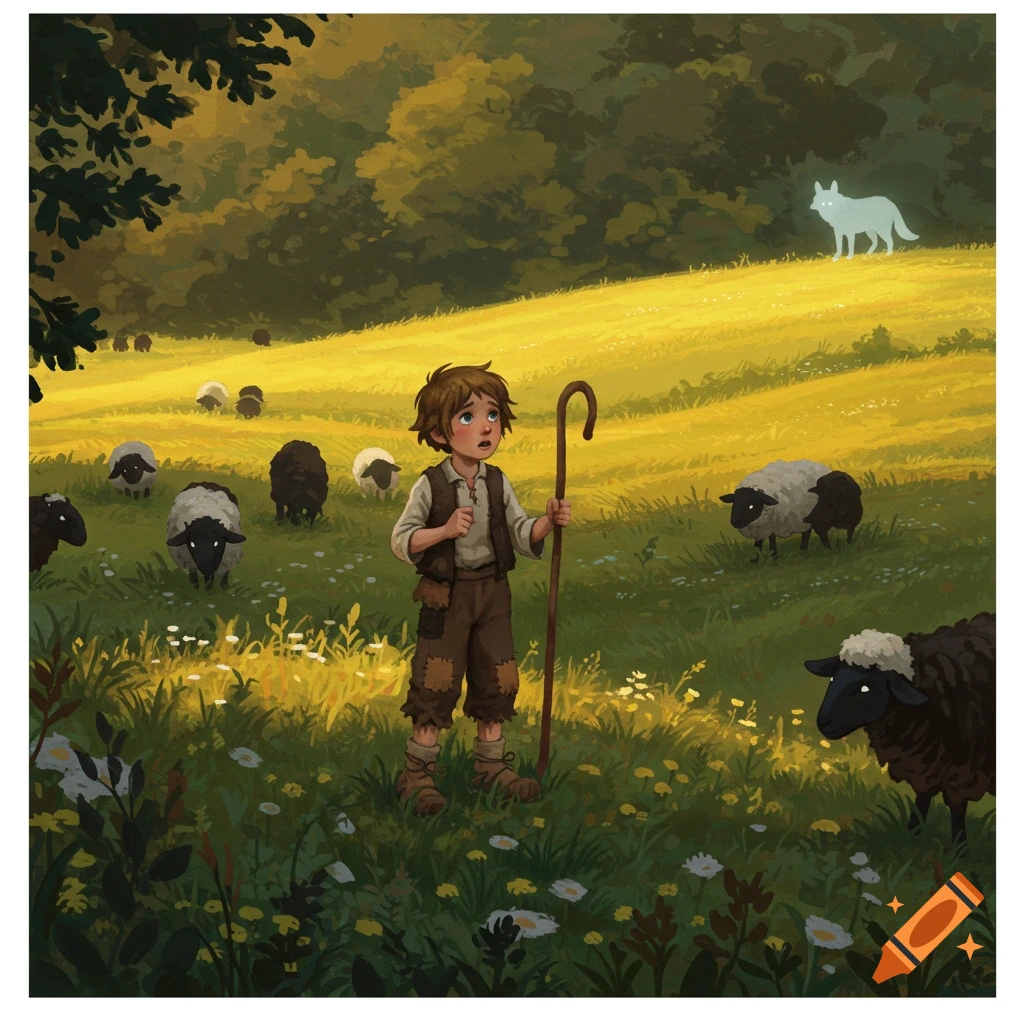 An illustration of a young boy shepherd with a staff, looking up at a ghostly wolf on a golden hill with sheep grazing in a green meadow.