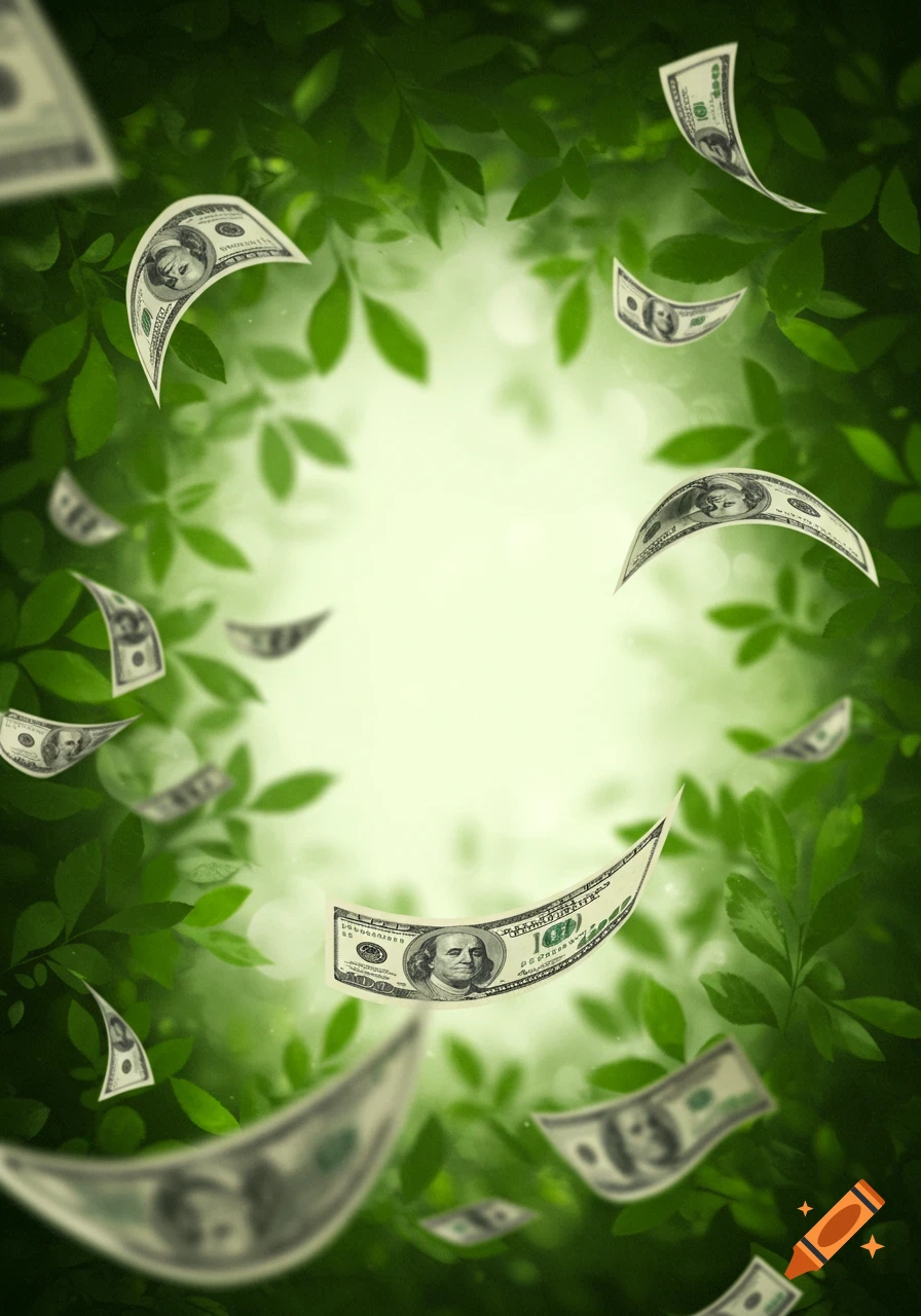 Falling dollar bills shaped like green leaves against a soft, blurry green foliage background with a bright center.