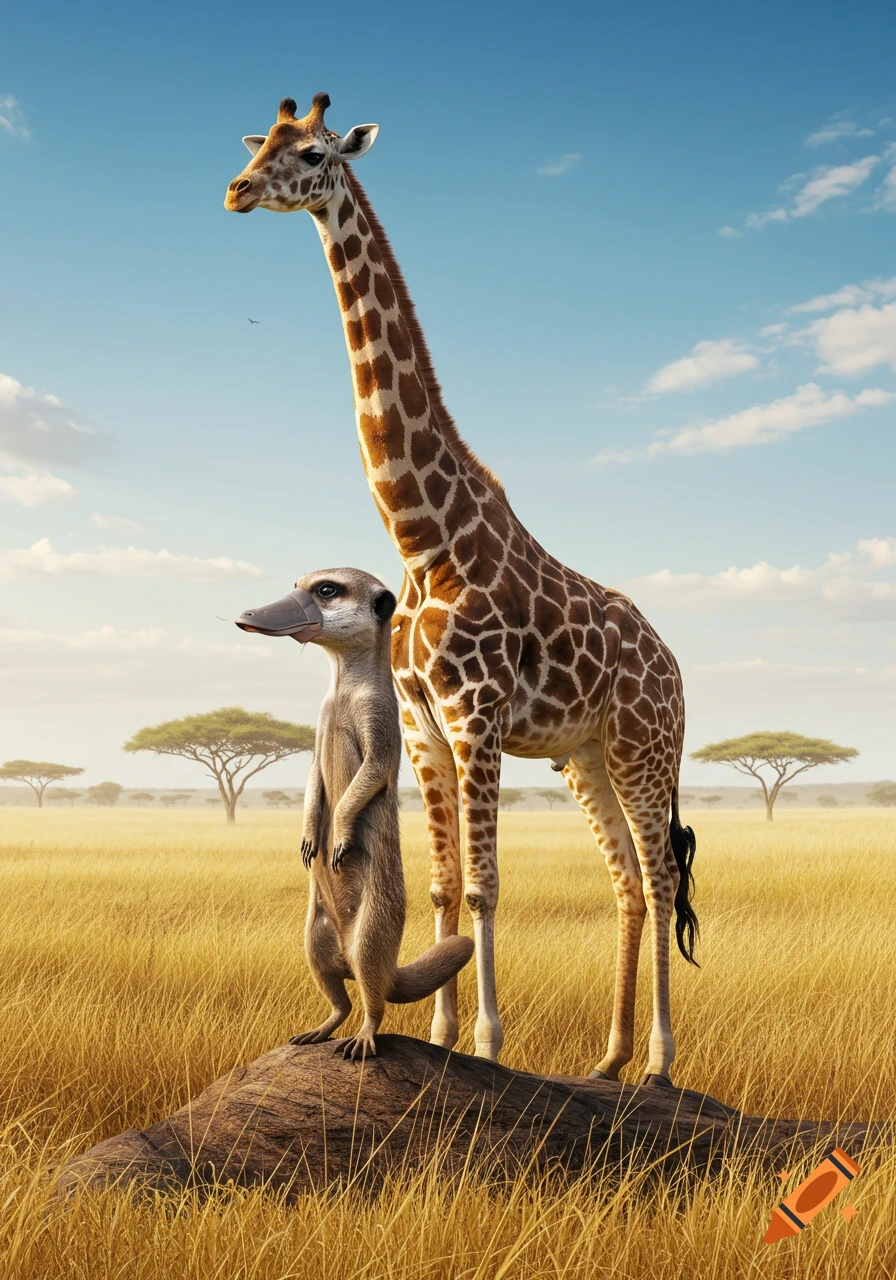A tall photorealistic giraffe stands next to a meerkat with a platypus bill on a rock in a grassy savanna under a blue sky.